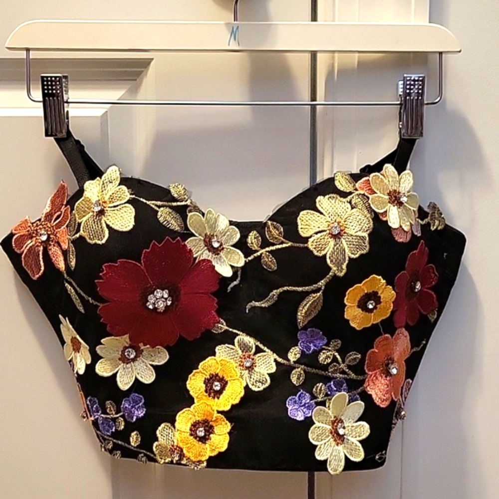 Anthropologie Black Floral Embroidered Bustier Crop Top